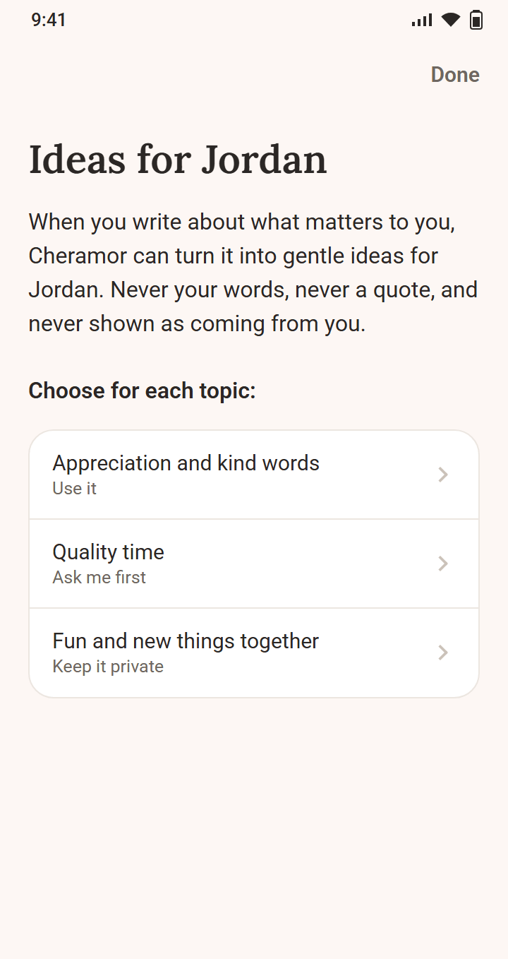The Ideas for Jordan screen. For each of three topics, Sam picks Use it, Ask me first or Keep it private. Below, a list of topics that are always private and never used for Jordan's ideas.